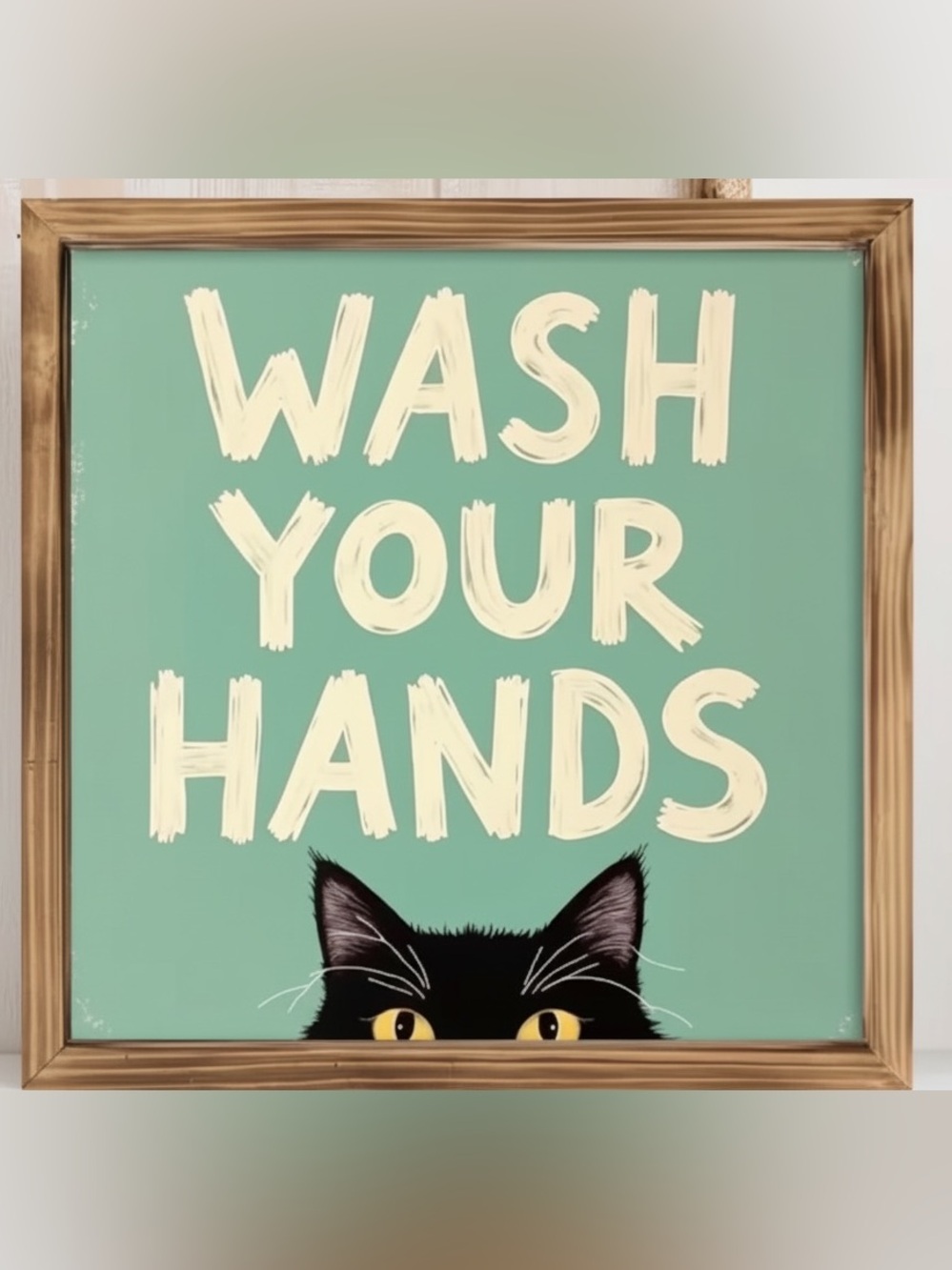 Cat Wall Art Print - Teal "Wash Your Hands" with Black Cat